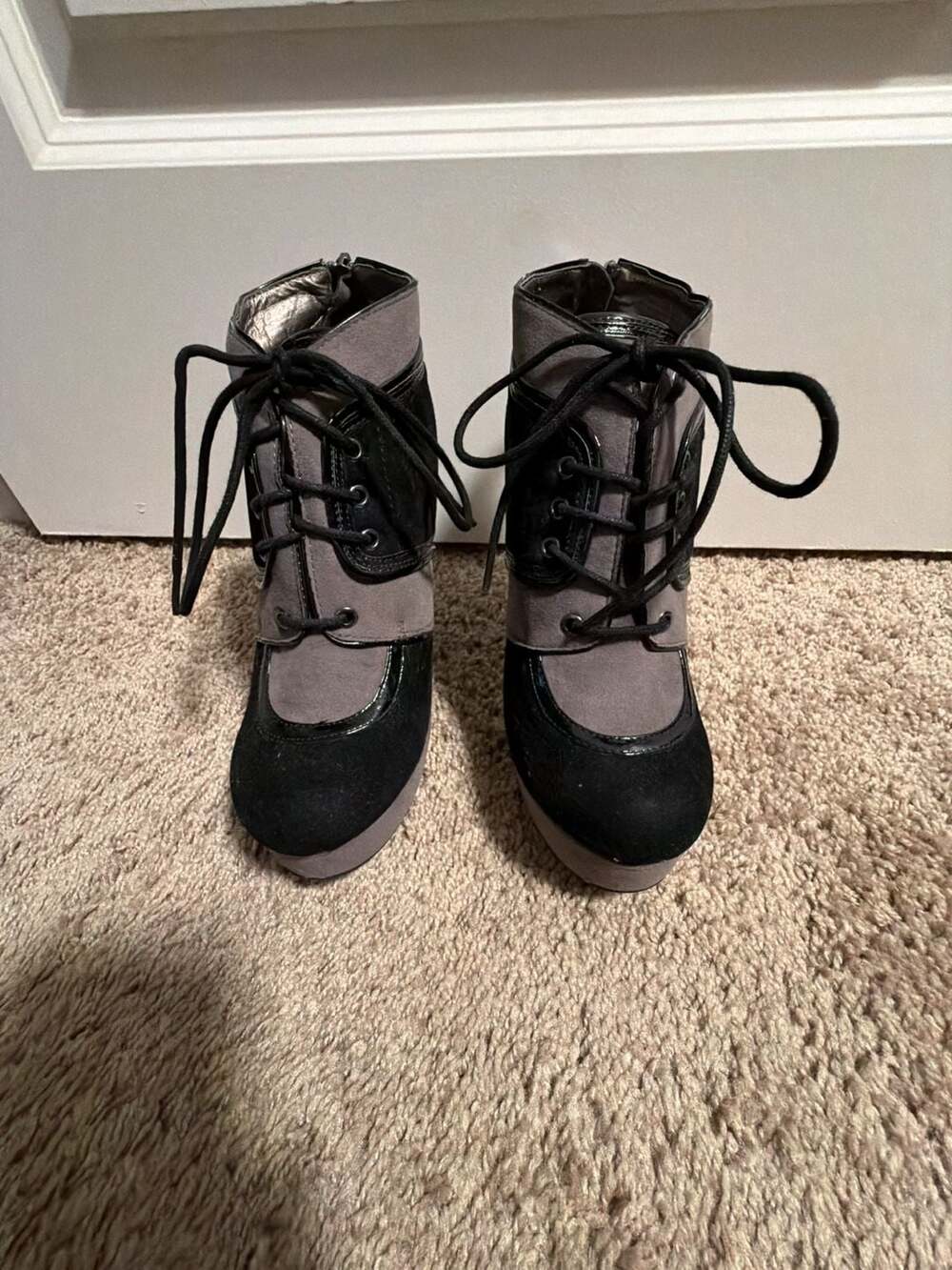 Dollhouse Grey and Black Lace-Up Platform Stiletto Ankle Boots